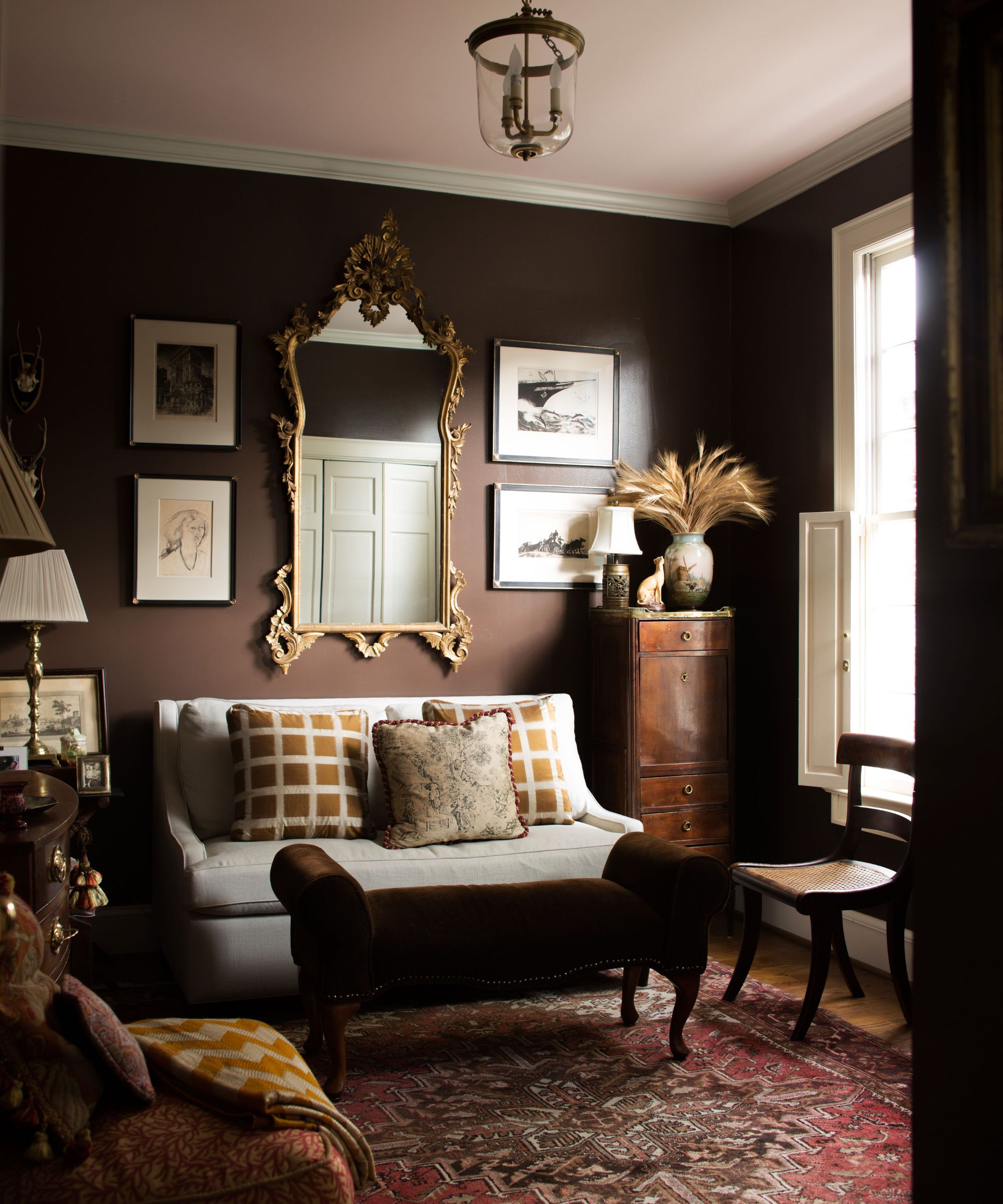 Dark living room with brown walls, eclectic decor, red vintage carpet