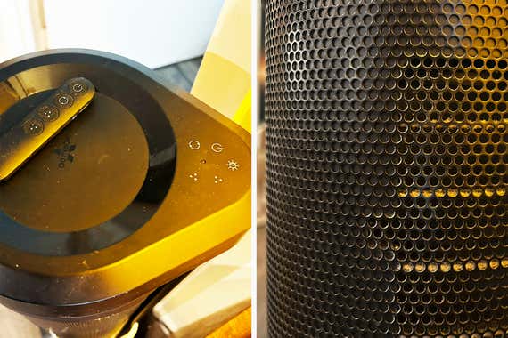 Close-up photos of a Vornado Ara Oscillating Tower fan.