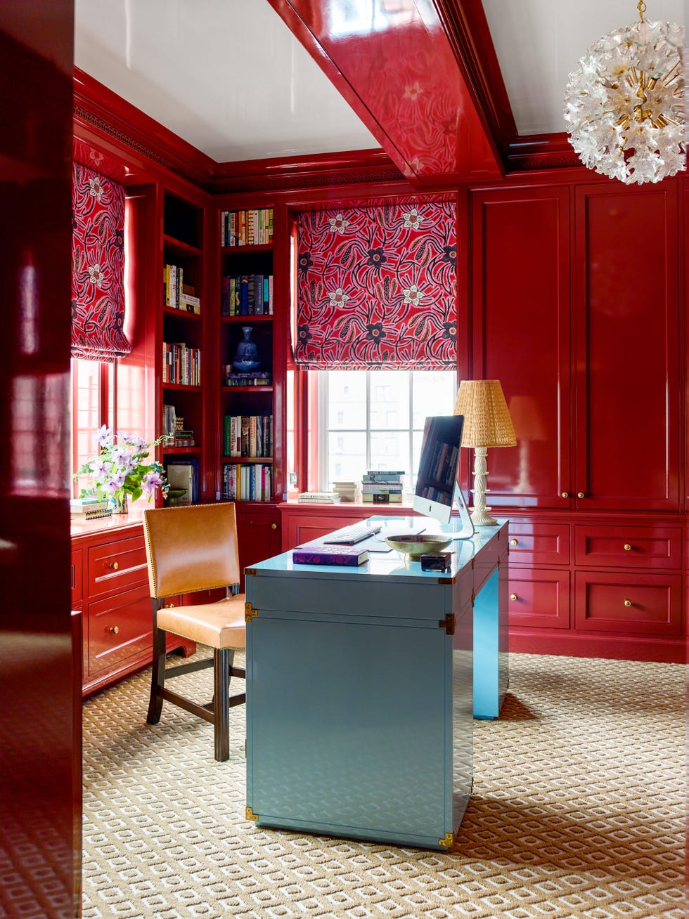 Red walls in a home office Red walls in a home office