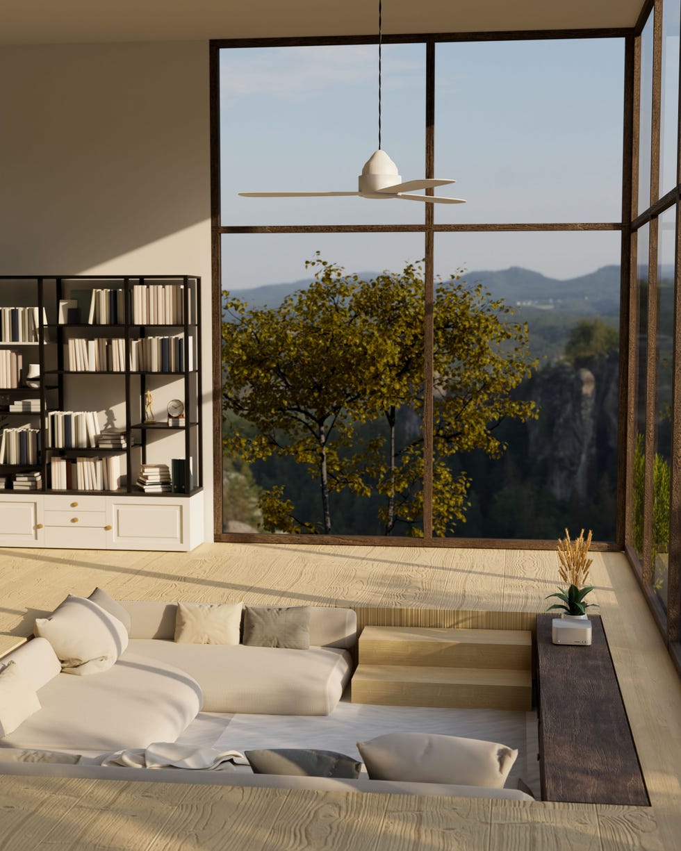 Modern contemporary, sunken living room -interior architecture with a comfortable couch, ceiling fan, amazing large window with mountain view, bookshelves and hardwood base 3D -render, 3D illustration Modern contemporary, sunken living room -interior architecture with a comfortable couch, ceiling fan, amazing large window with mountain view, bookshelves and hardwood base 3D -render, 3D illustration
