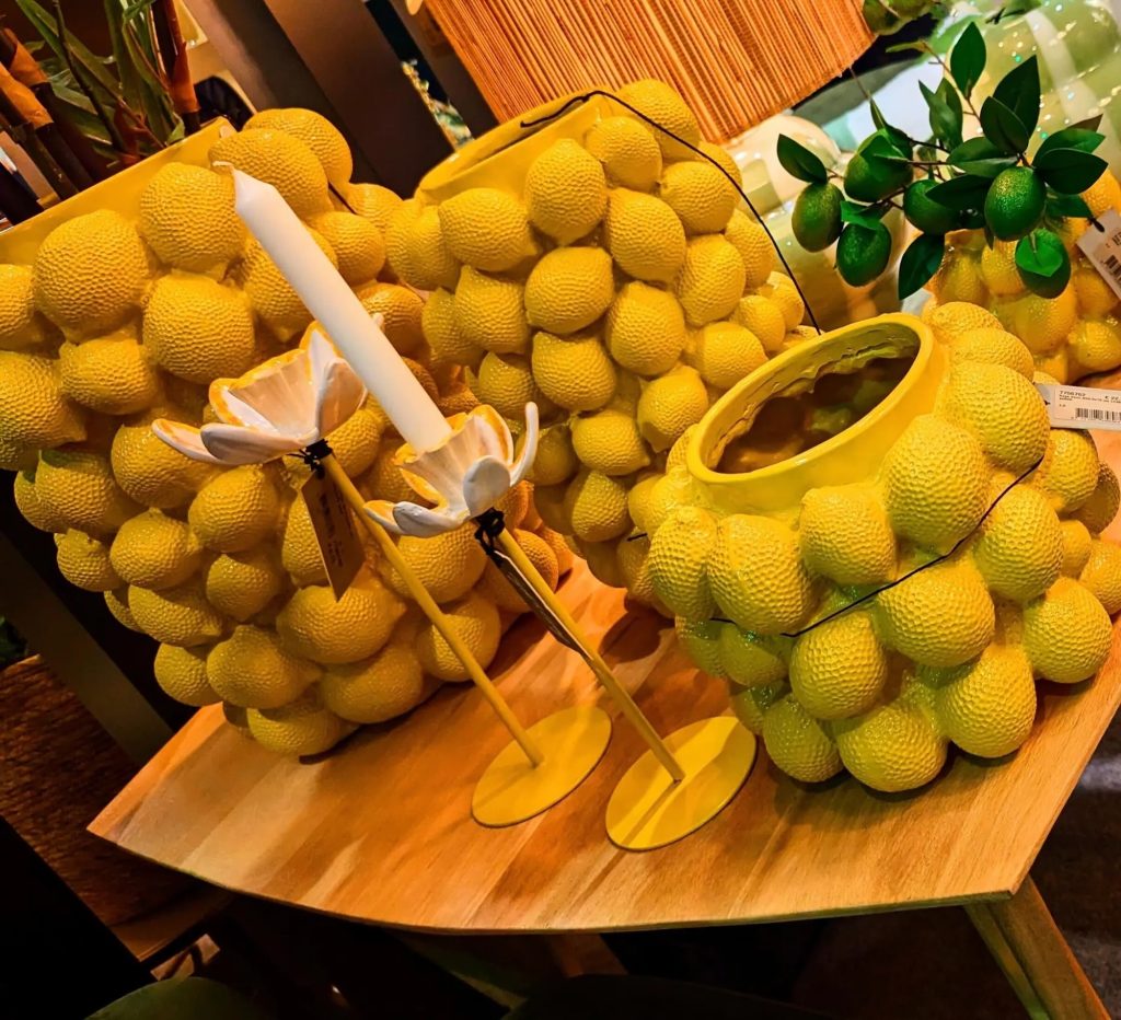Farm stand chic? The decor is impressed in fruit and vegetable motifs