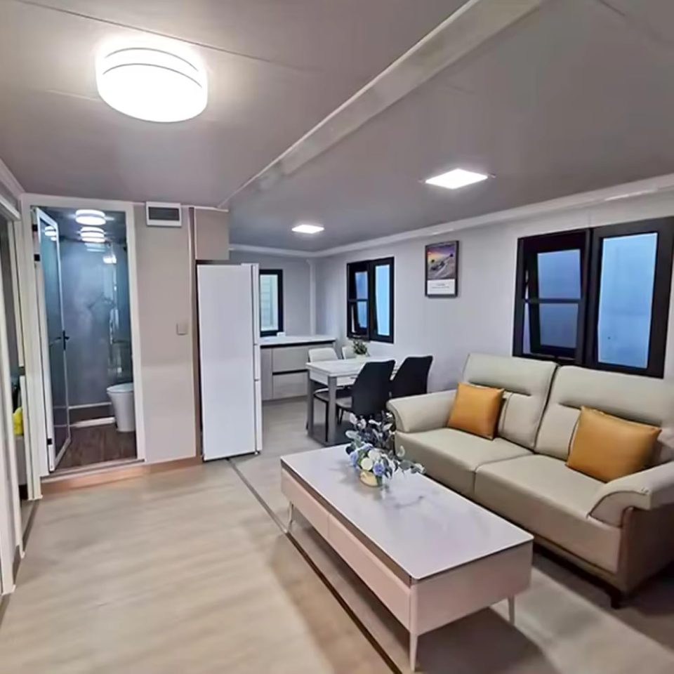 Interior view of a small, furnished home.