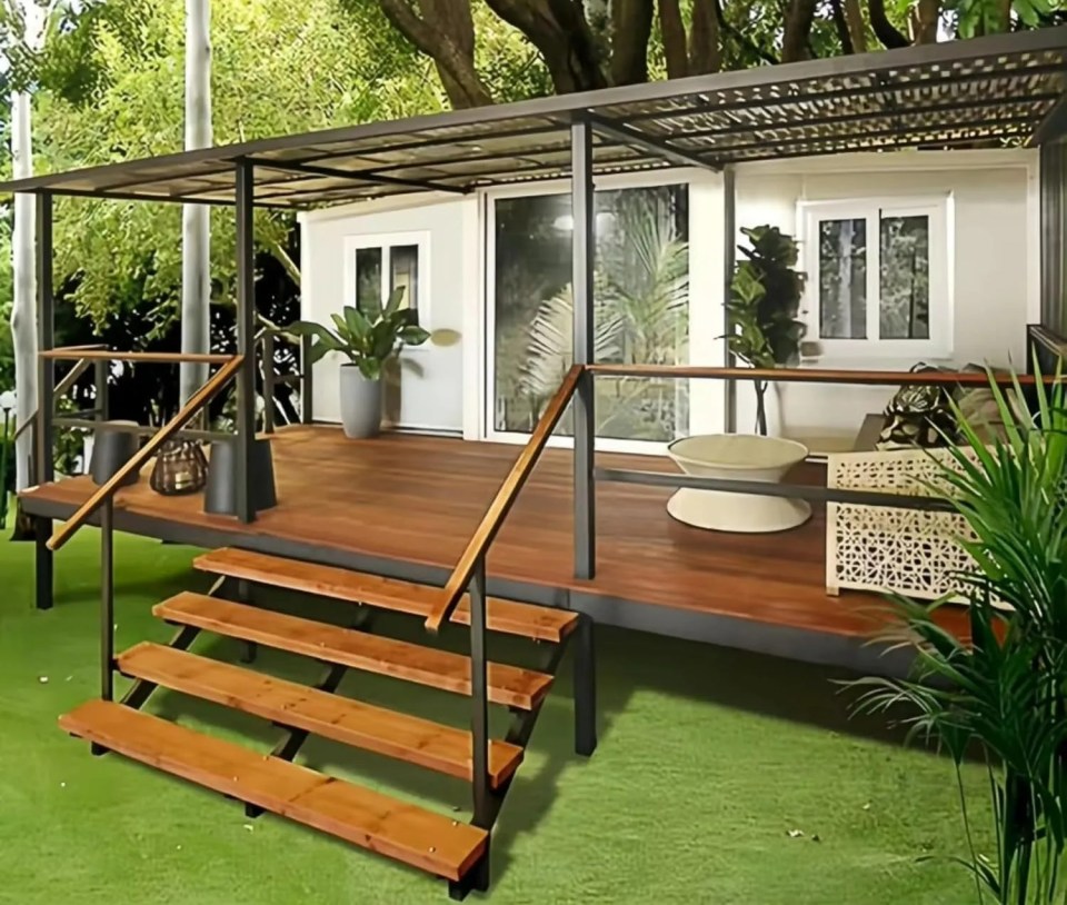 Illustration of a small, customizable house with deck and staircase.