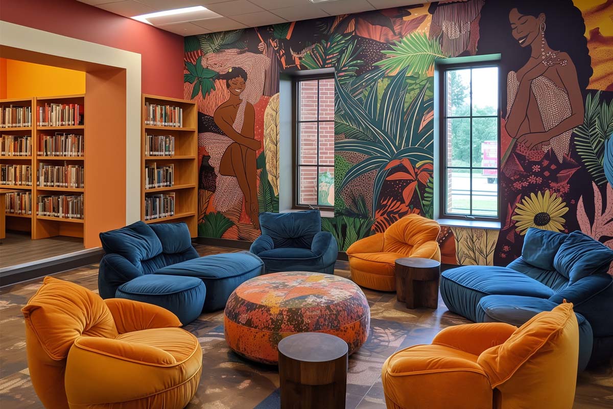 A lively and colorful therapy space concept, which was designed by the psychologist Desirée Gonzalez with velvet chairs for a large circular console.