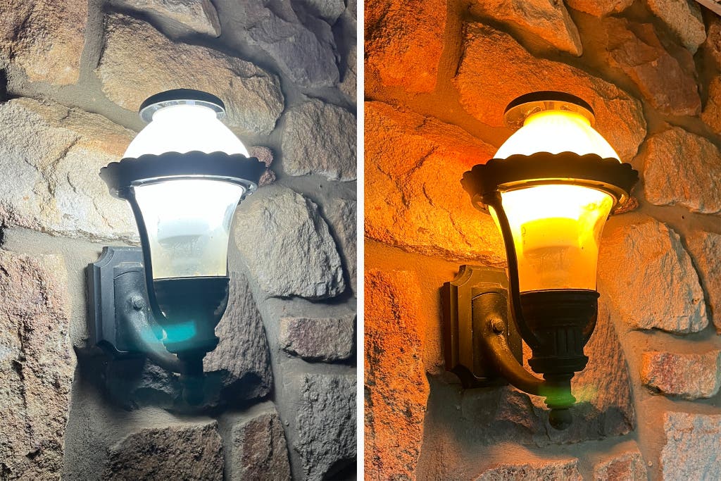 Two photos that show an outer light with a full white brightness and a warm yellow brightness.