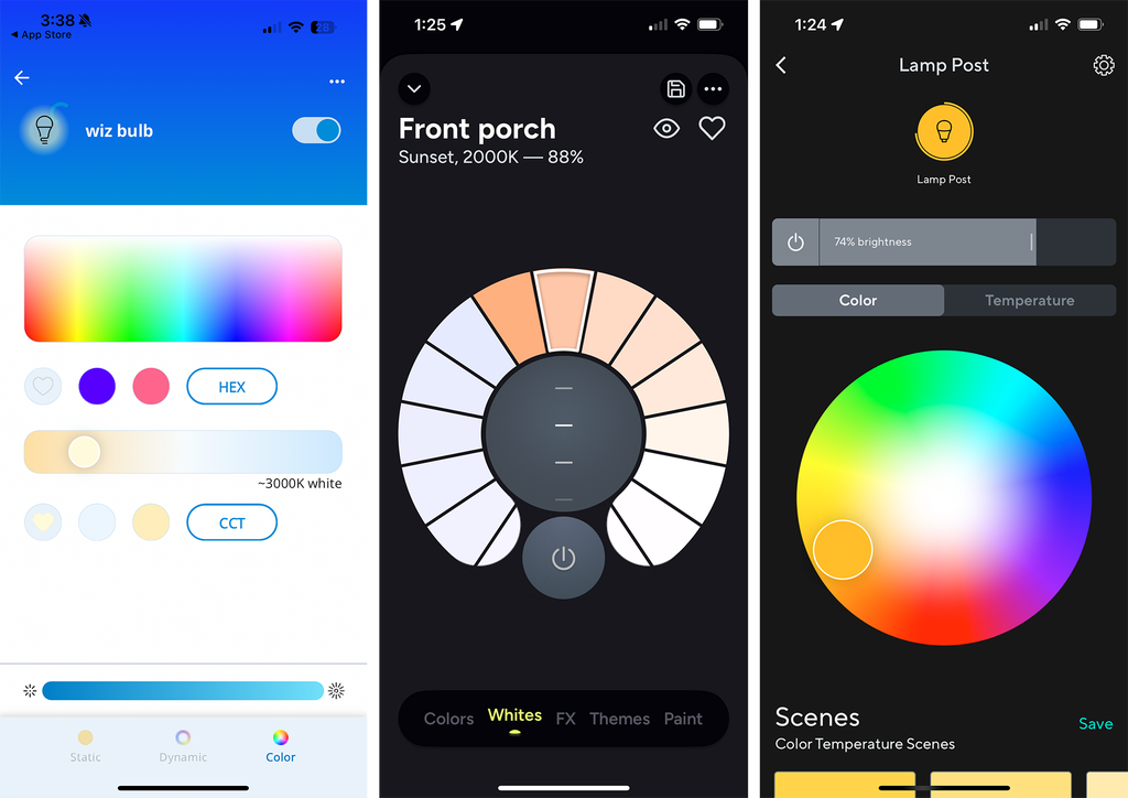 Screenshots that show the color adjustment functions in various smart bulb apps.