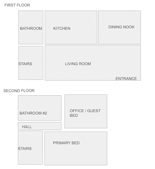 Floor plan layout with the first and second floor with labeled rooms such as bathrooms, kitchen, living room and bedrooms.
