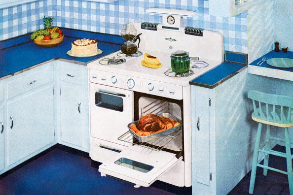 Brand new cuisine in a blue color scheme with a cake on the counter and a roast in the oven, 1950. screen printing. (Illustration by Graphicatis/Getty Images)