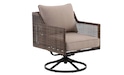 A photo of a Wicker swivel chair against a white background.