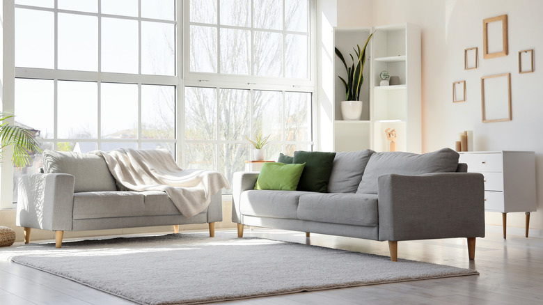 Interior of the light living room with cozy gray sofas near a large window.