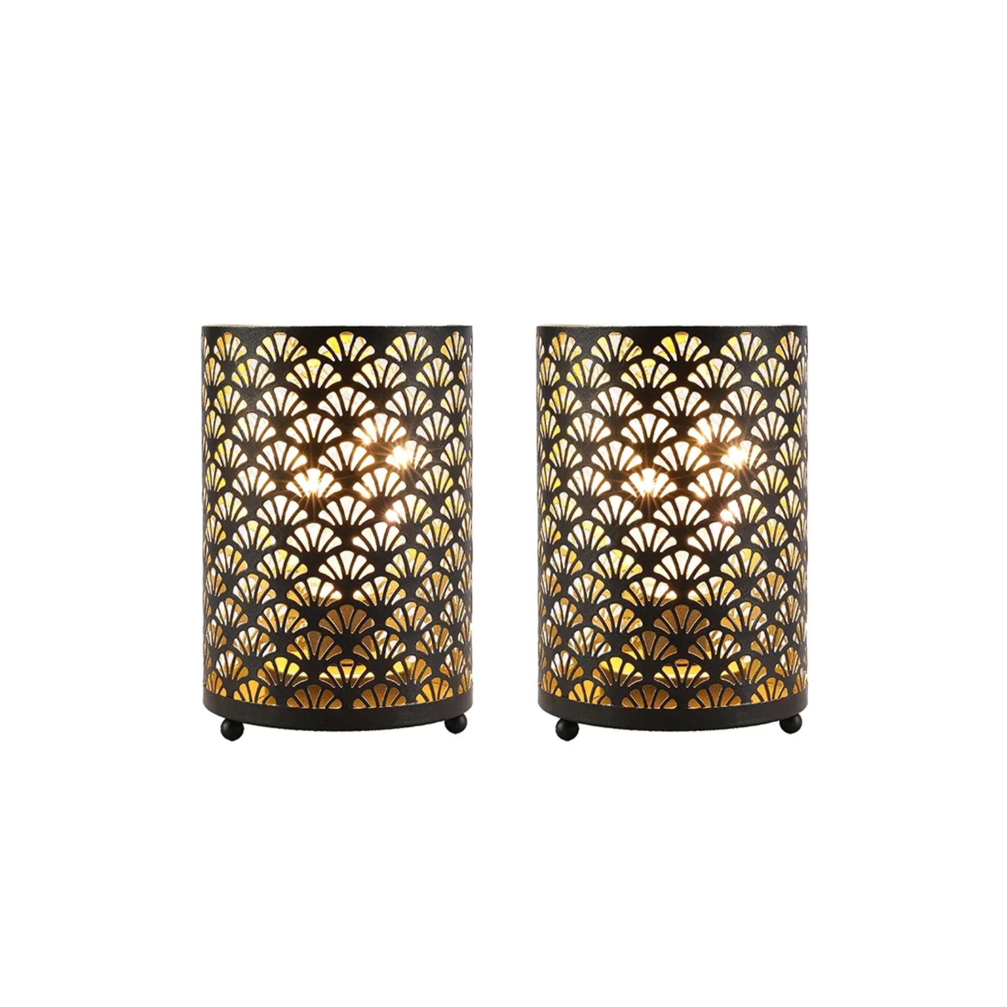 Two cylindrical lamps with Art -deco patterns on them
