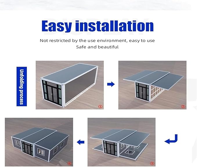 Illustration shows the simple installation process of a foldable tiny house.