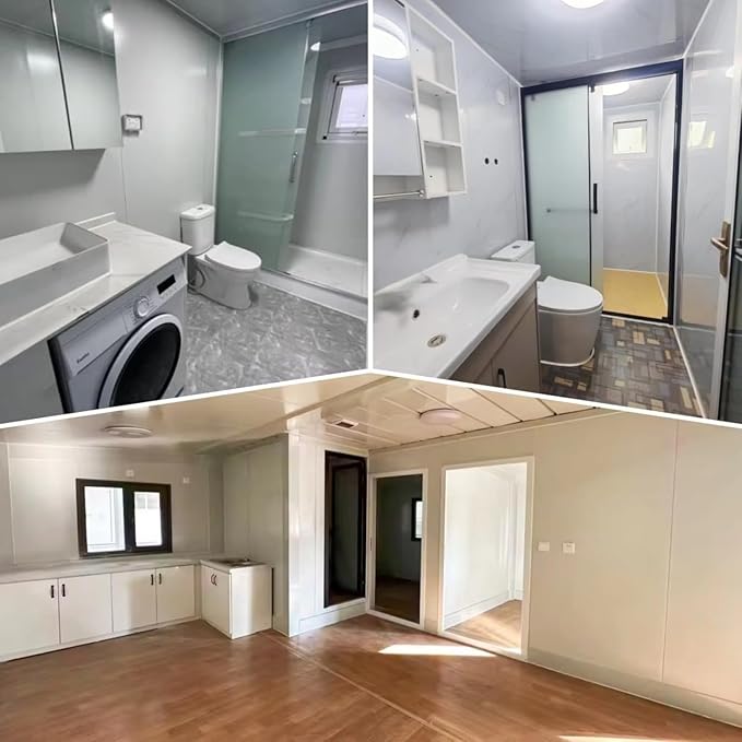 Collage of a tiny interior at home with bathroom and living rooms.
