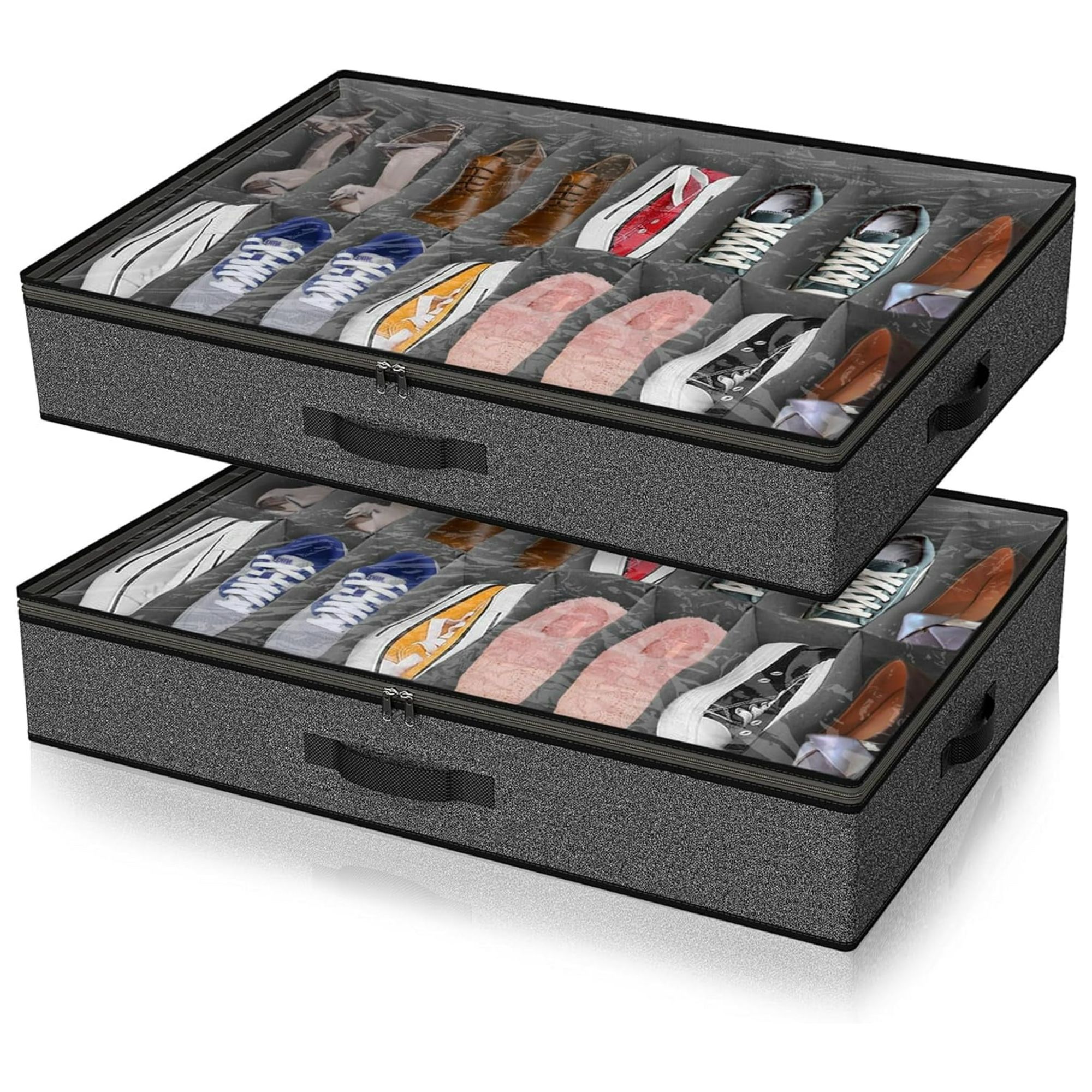 Two dark gray shoe organizers filled with black handles filled with shoes