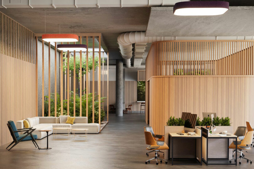 Modern open plan office with wooden accents, inner plants, a seating area with sofas and work stations with chairs and computers. Large windows provide natural light.