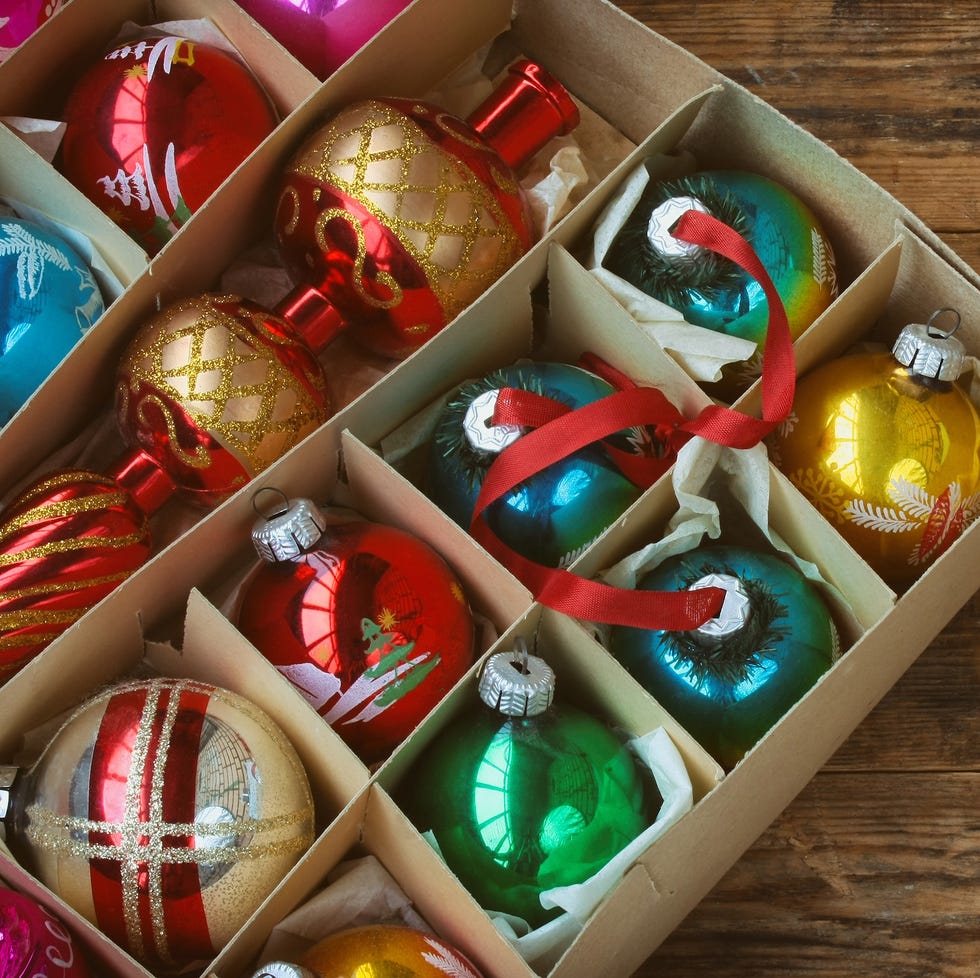 Set vintage Christmas decoration in box, tip, on wooden table