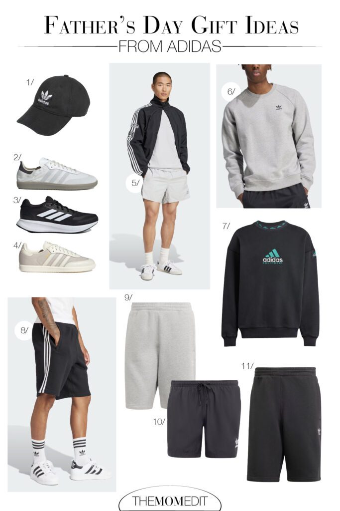 Collage of Adida's Father's Day gifts - sneakers, shorts, sweatshirt, hat.