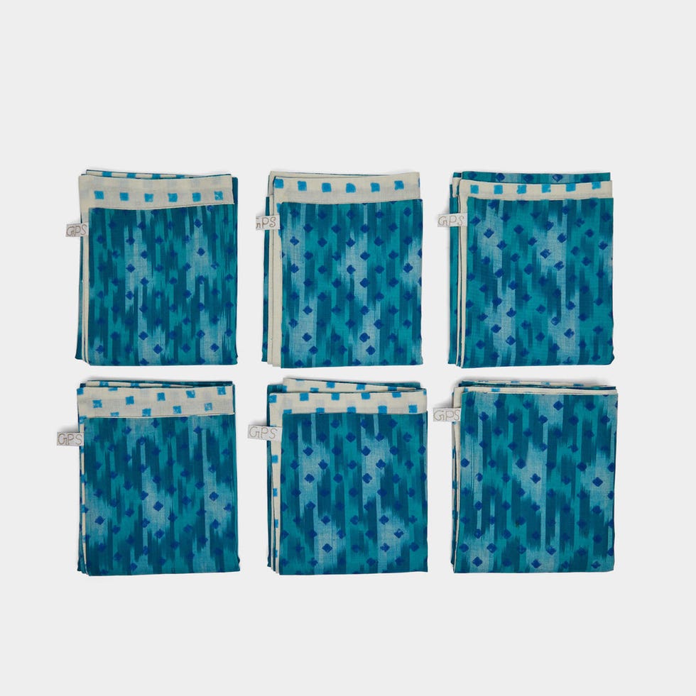 Aqua ikat block -printed cotton napkins