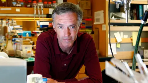 With Prof. Collins, his laboratory bench leads with a burgundy shirt with a number of scientific devices that are out of focus in the background.