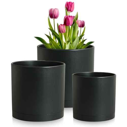 Meowell 8/7/6 inch plant pots, 3 set cylinder flowers for inner plants outdoors, decorative plastic planters with drainage holes and saucers for garden house plants, black