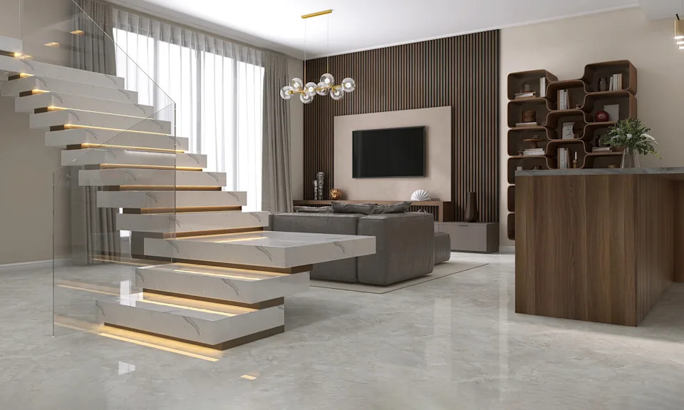 White marble and shape floating staircase, LED strips -light staircase, forged glass bale trade in the luxurious beige living room, window, wood panel wall for interior design decoration, lifestyle product -Display Background 3D 3D