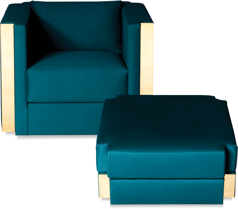 A corner seat in a deep blue -green with metal cladding