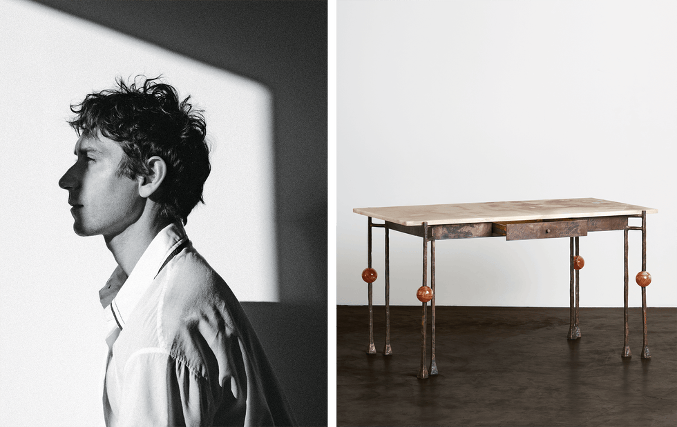 A black -and -white profile photo of a man and a table on the right