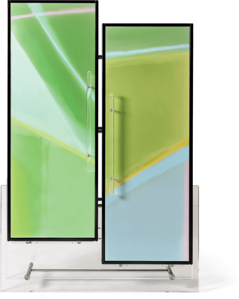 A cabinet with green offset doors