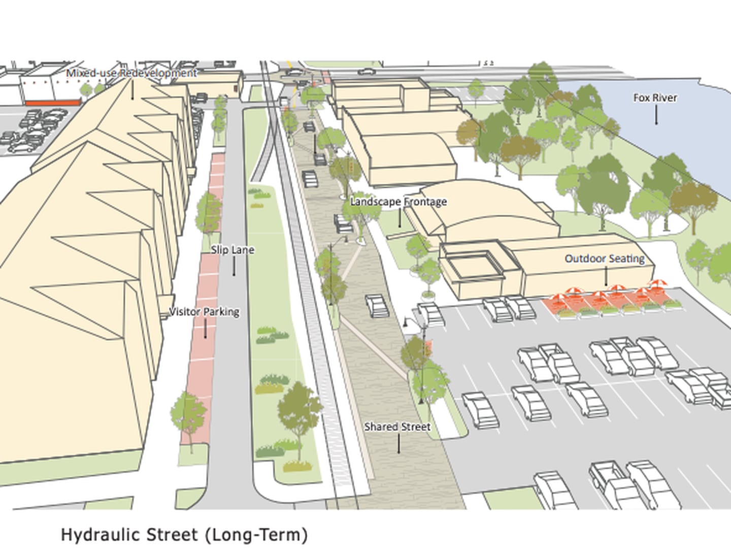 The long -term plan of Yorkville City employees for the hydraulic district includes mixed developments and a parking space next to the Fox River.