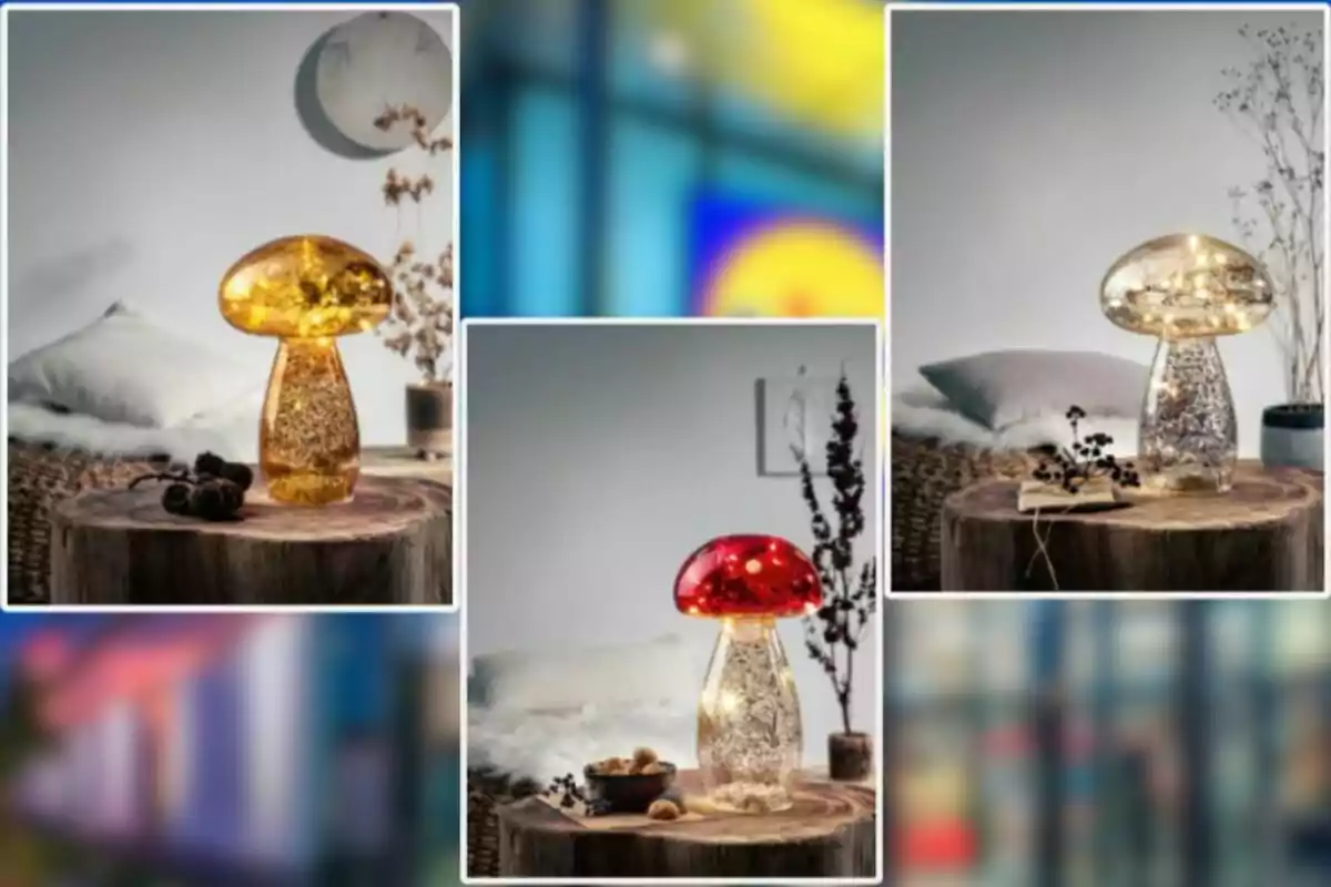 Three decorative mushroom -shaped lamps in different colors on wooden tables in a cozy environment Three decorative mushroom -shaped lamps in different colors on wooden tables in a cozy environment
