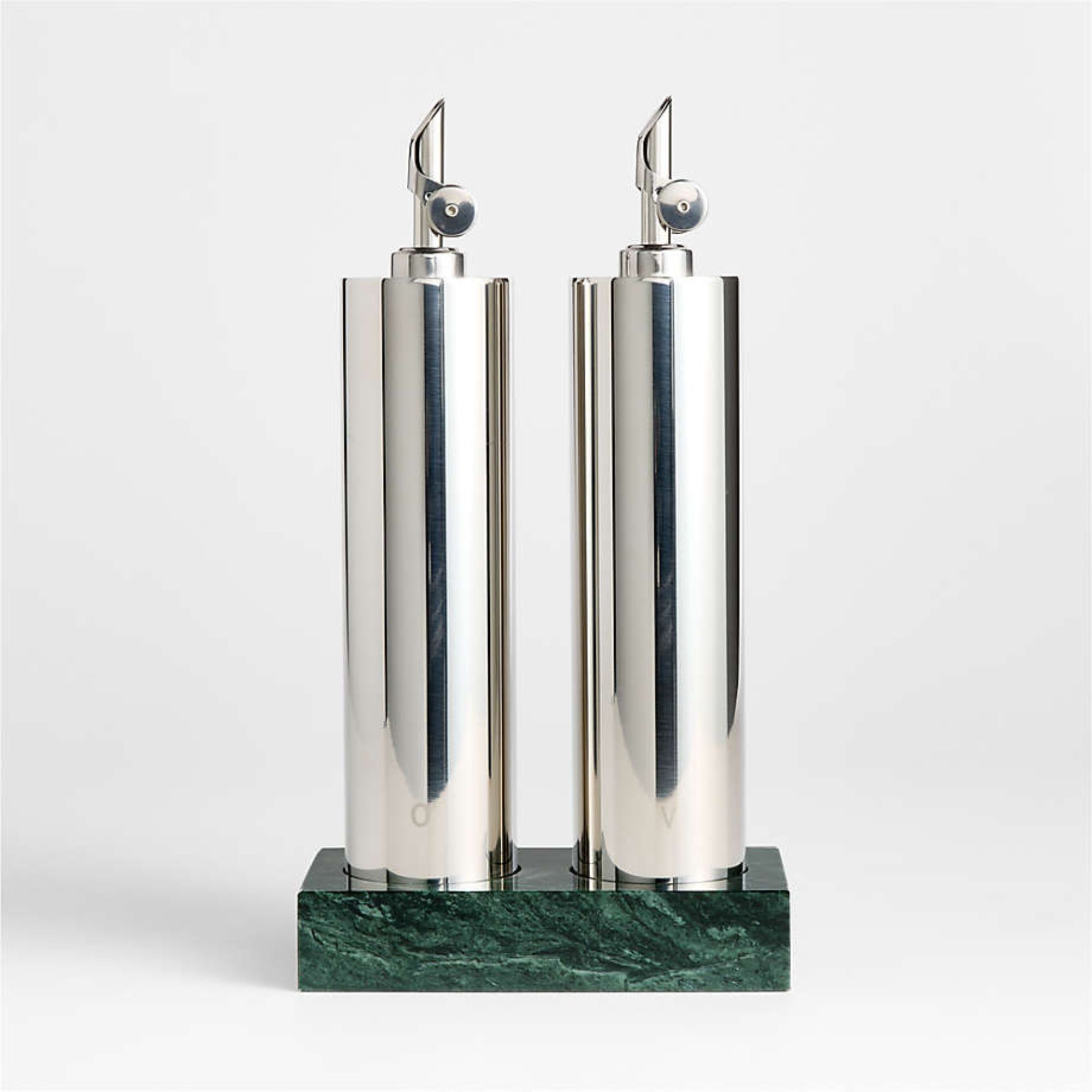 Geneva recycled stainless steel -cruet -set with a green marble base by Daniel Humm