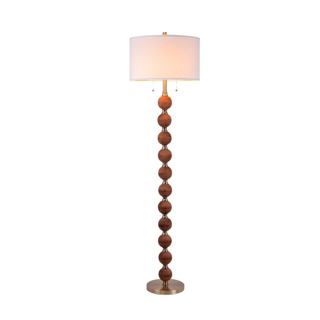 64 '' 2-light fabric lamp with crispy white linen shadow, independent dual pull chain, antique gold metal, sculptural elegance, stacked wooden ball, standing lamp (not included)