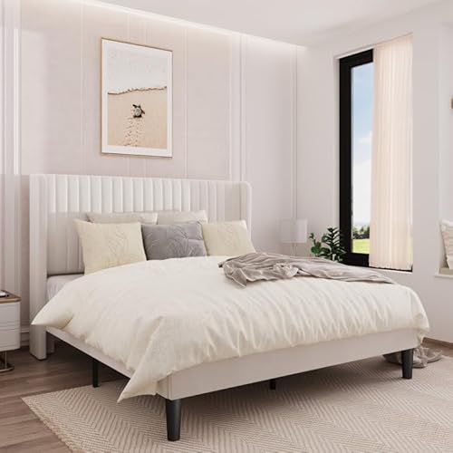 Hithos solid wood Modern Padded Queen -Size bed with wingback headboard | Wooden double bed -Childrene -Palang -Fururur without storage (white) -3 Years guarantee