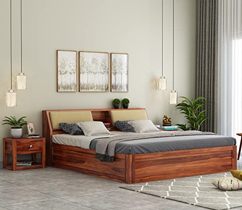 StraTa furniture sheesham wood queensize bed with box storage wooden bed bed bed furniture for bedroom living room house (honey finish)