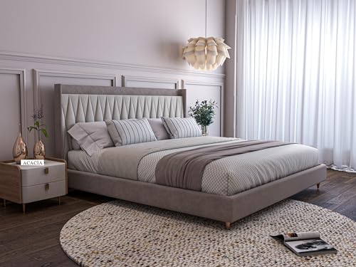 Acacia Modern Padded Kingsize bed for bedrooms | Wooden double bed | Platform bed bed with upholstery Premium fabric | 6.5 x 6 ft | Sheesham Solid Wood (Rosenholz, Browndust)