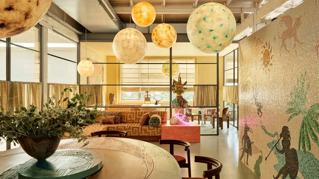 The kitchenette in the Alemis Sydney offices is wrapped in a custom -made glass mosaic tile wall with round trailer lights on the ceiling and a large round dining table. 