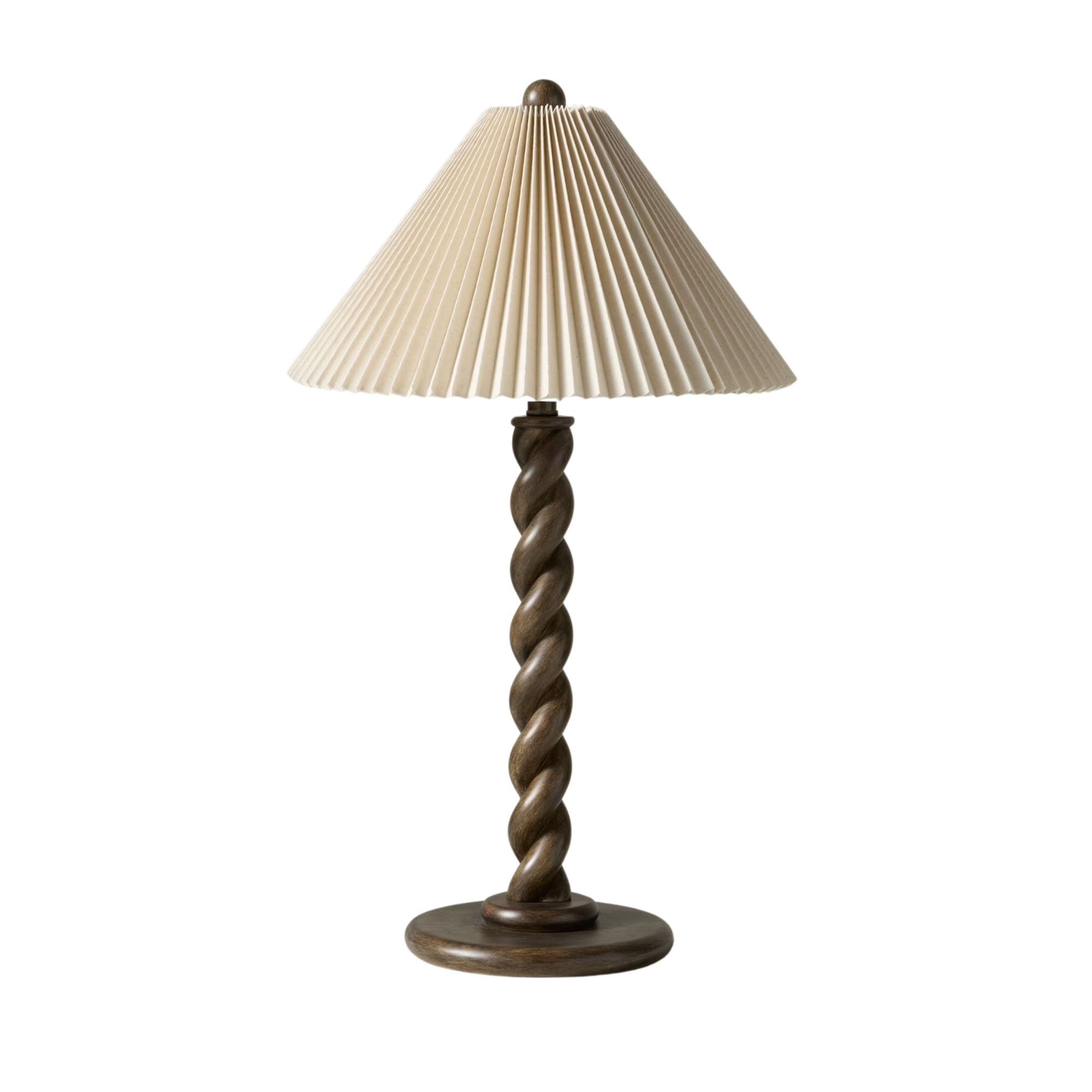 A table lamp with a wrinkle shadow and a twisted wooden basis