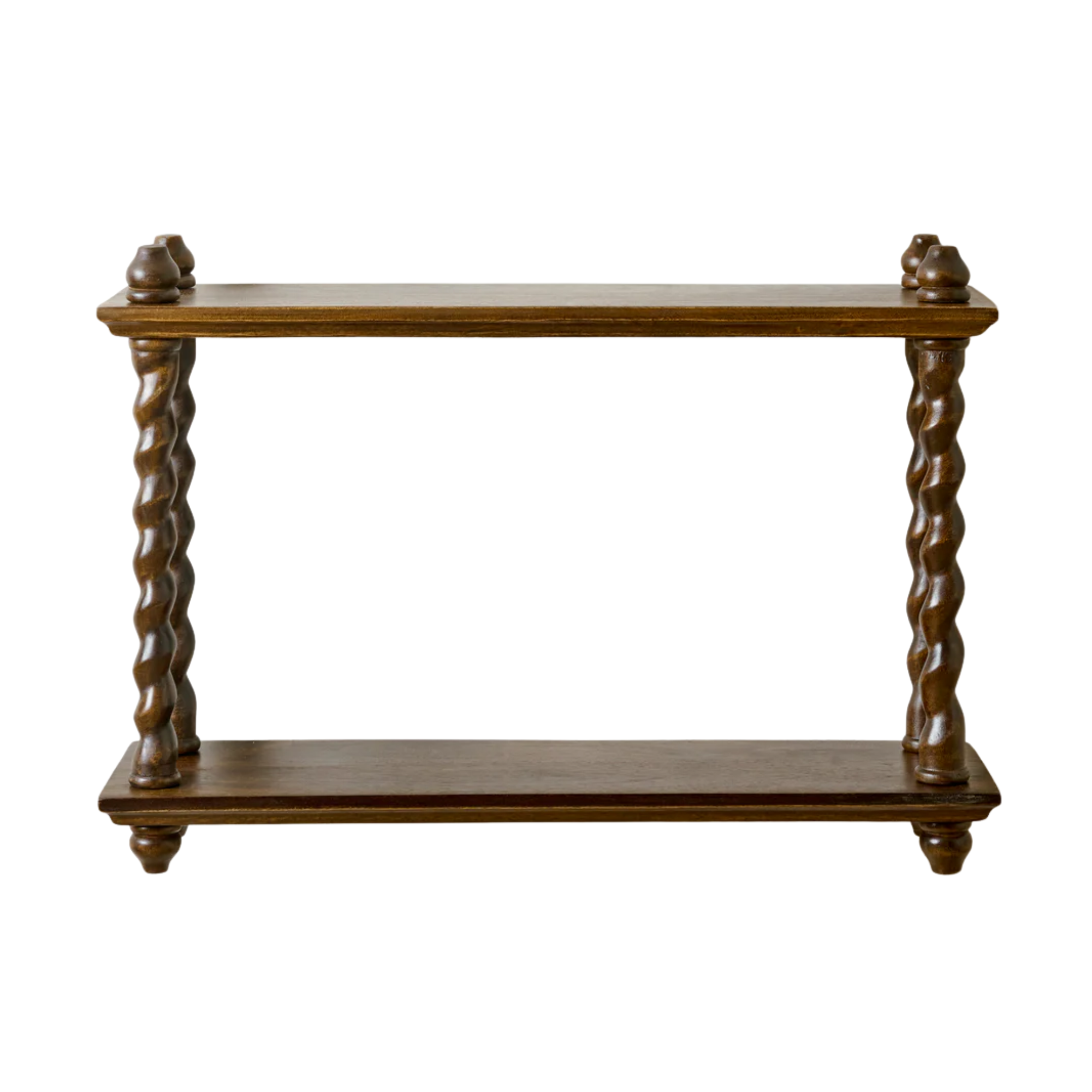 A wall shelf with twisted wood details