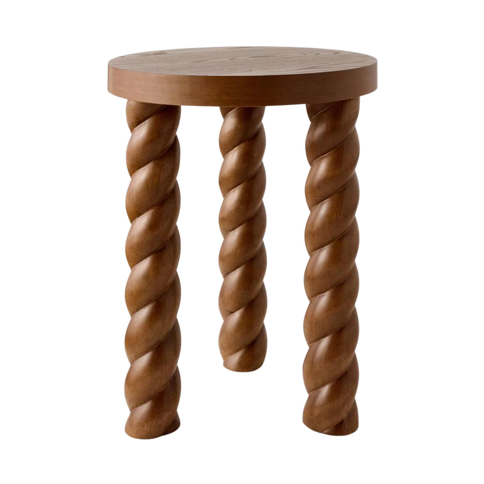 A side table with three twisted wooden legs