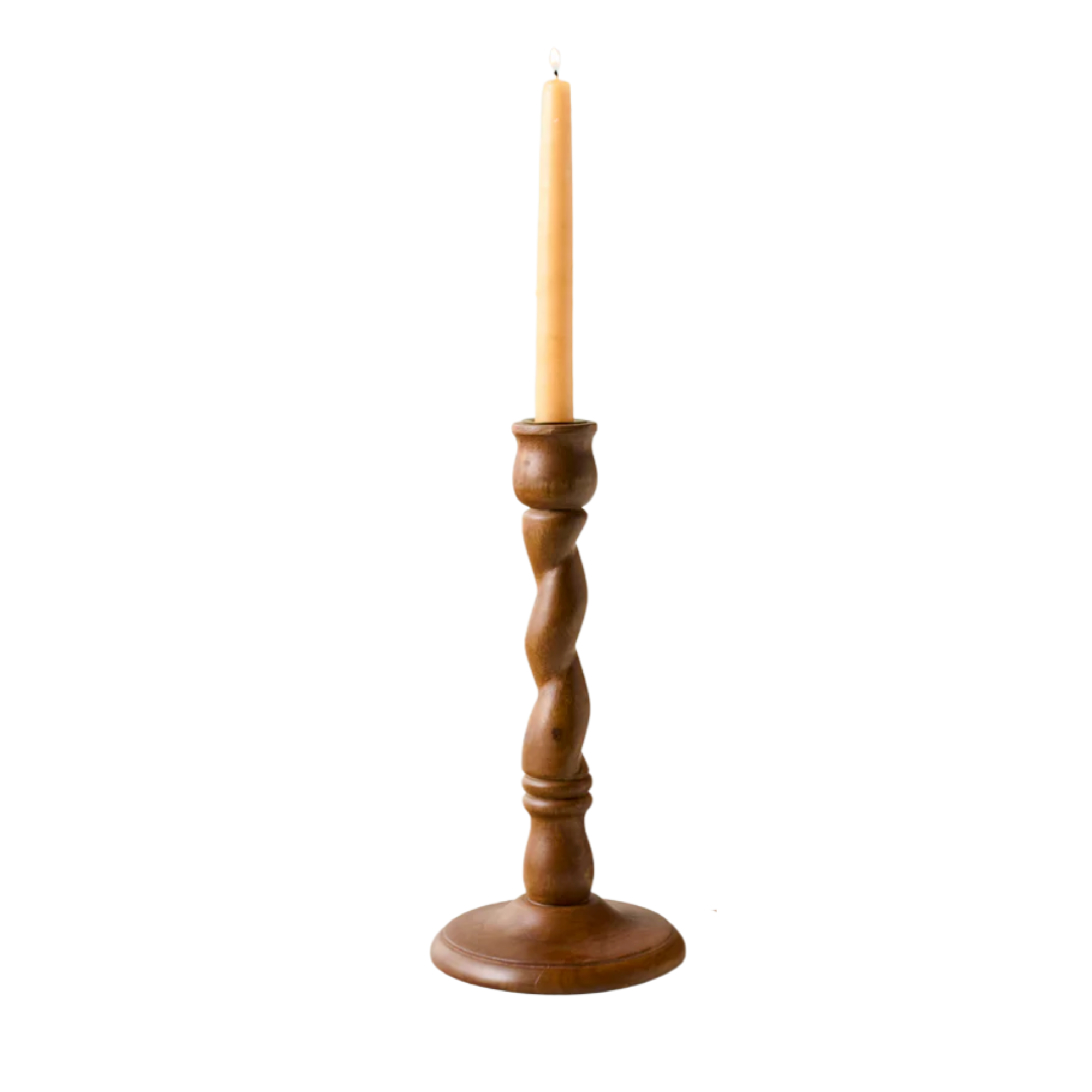 A candle holder with a twisted wooden basis