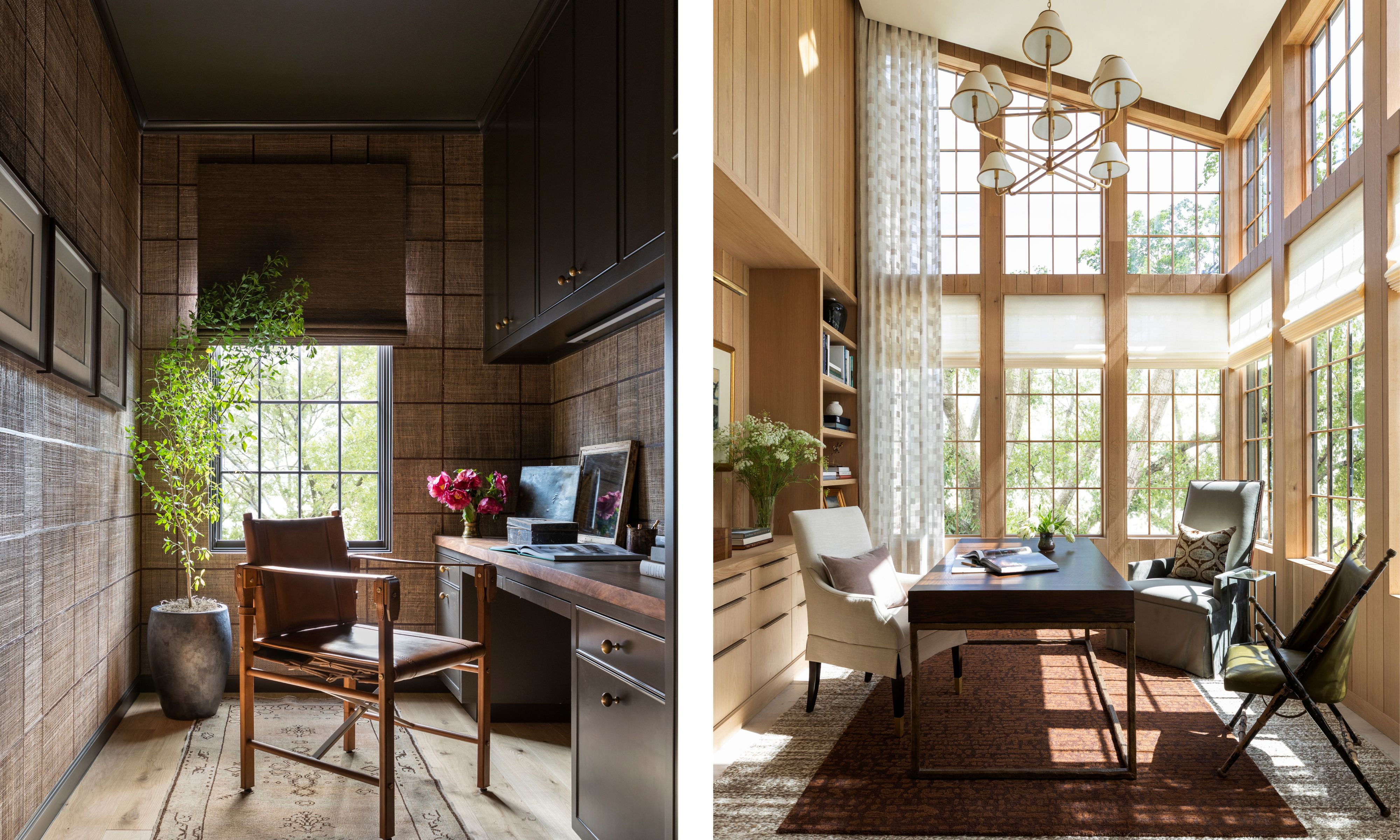 Split picture: Home Office with dark cupboards, leather chairs, woven wallpaper and a potted plant on the window (left), home office with room -high windows, a dark wooden desk, neutral armchair and installed (right) (right)
