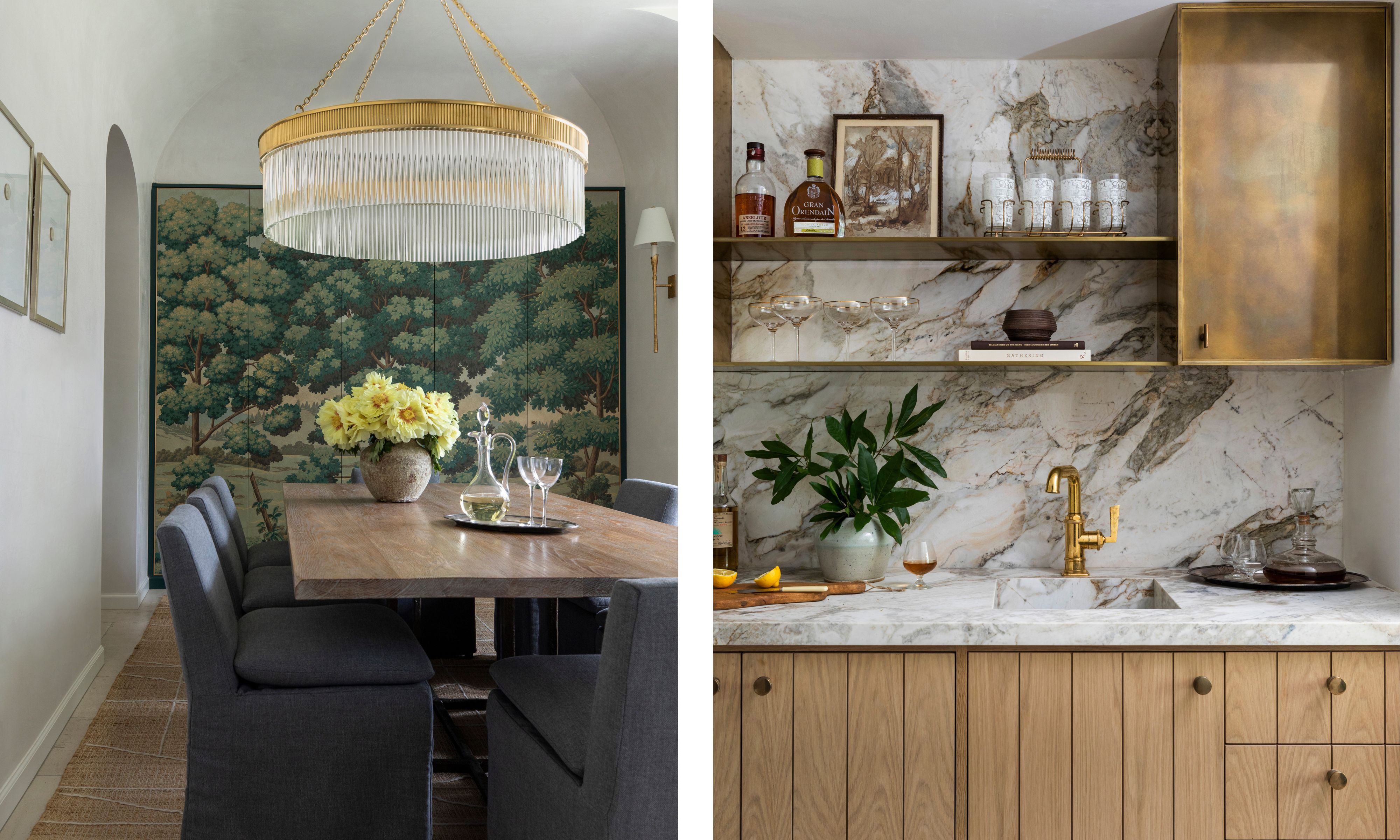 Split picture: dining room with wooden table, charcoal -slip coating chairs and scenic forest wall paintings (left), home with marble -backplash, open shelves, golden accents and warm wooden cabins (right)