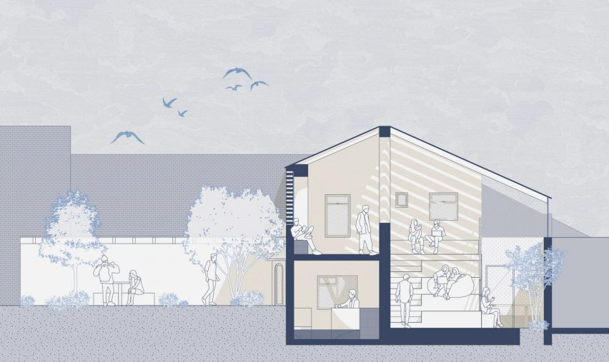 A picture of a blueprint in blue, white and beige tones