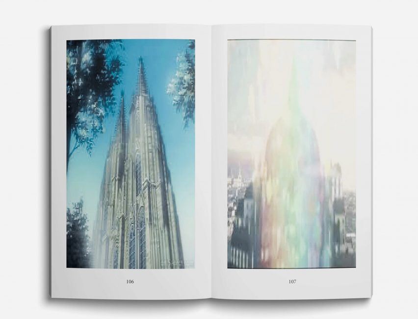 A photo of an open book with pixelated pictures that are printed on his sides
