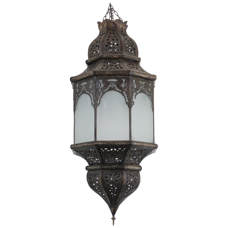Moroccan Moorish metal lantern with milky glass