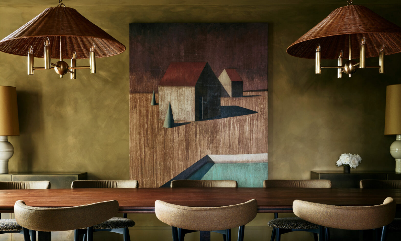 This mossy green dining room is an immediate mood changer