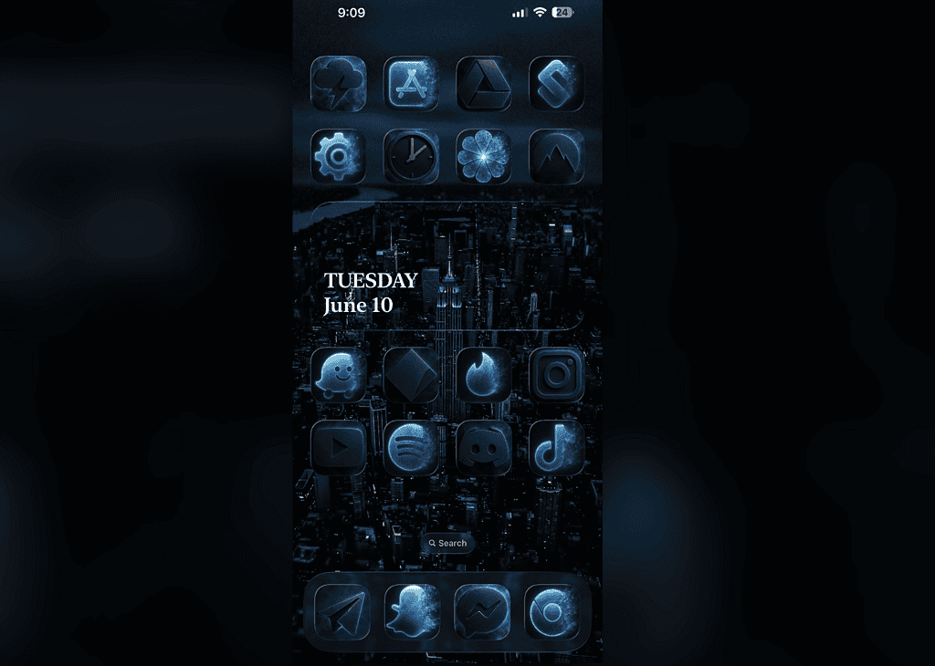 An iOS 26 start screen with a noticeable depth effect