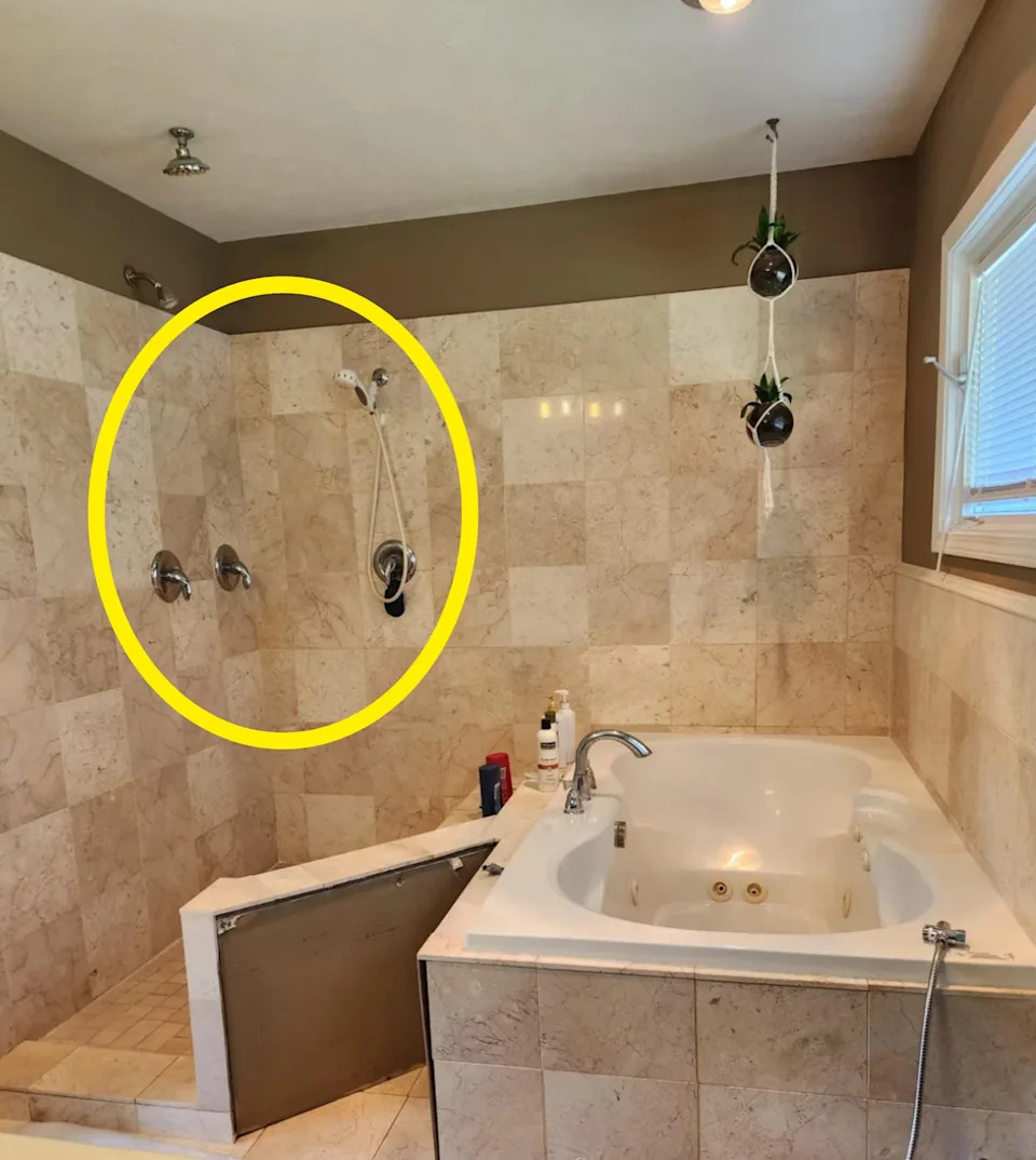 Bathroom with add -plated has an open shower with an open wall