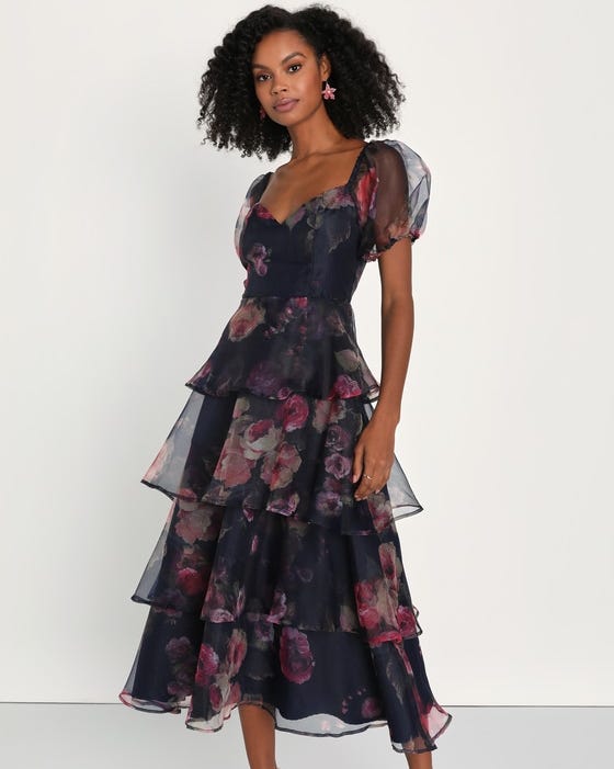 Oh so breathtaking dark blue flower organza level with a midi dress