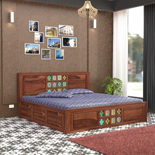 TreeWalley Kingsize bed with storage box | Sheesham wooden bed | Multiple -colored tiles design double bed Woodden children's bed for bedrooms & hotel | Honey finish, recommended mattress size: 78x72 inches